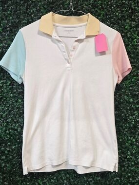 Lands' End Colorblock Polo - Pastel Yellow Collar, Mint & Pink Sleeves